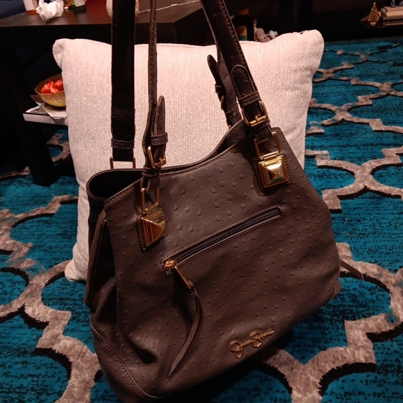 Jessica Simpson Twiggy Ostrich Print Hobo Tote Handbag Dusty Grey in good condit - Picture 2 of 6